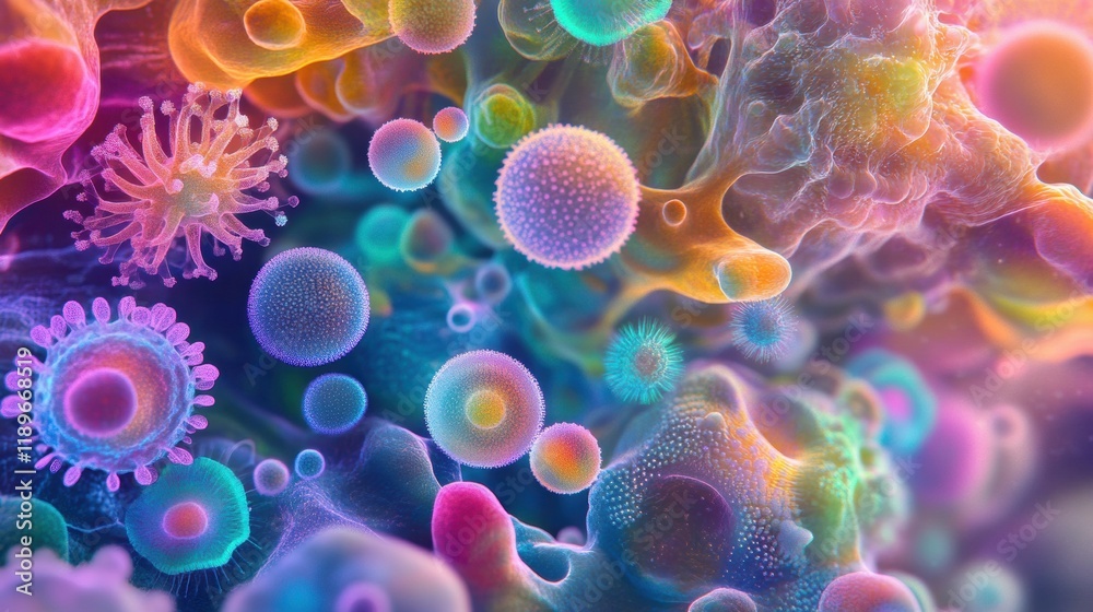 Aufkleber Colorful microscopic illustration depicting diverse microbes in distinct shapes and textures under vibrant lighting. Generative AI