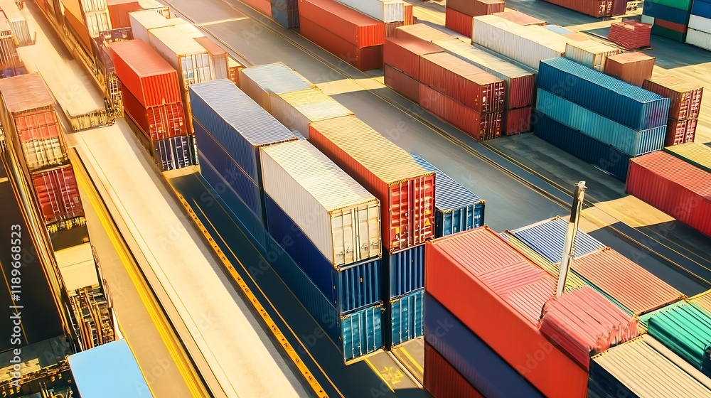 Poster aerial view of container shipping yard with colorful cargo in sunlit industrial port : generative ai