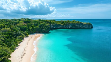Fototapeta premium Pristine Tropical Beach with Turquoise Waters and Lush Green Cliffs : Generative AI