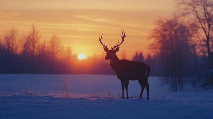 Majestic Stag at Sunset in Winter Wonderland
