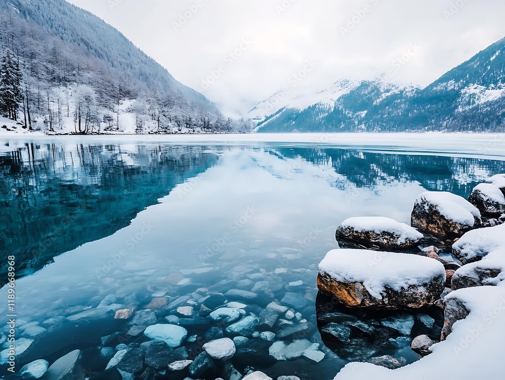 Aufkleber serene mountain lake in winter with snowy rocks and reflections : generative ai