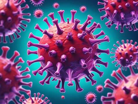 Microscopic view of a virus structure with vibrant purple spikes and a glowing teal background, highlighting viral biology, pathogens, infectious diseases, microbiology, and the intricacies of cellula