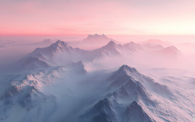 Fototapeta premium Misty Mountain Majesty: A Breathtaking Pink Sunrise over Snow-Capped Peaks