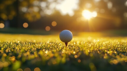 Golf ball on tee at sunset on green.