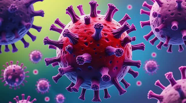 Microscopic view of a virus structure with vibrant purple spikes and a glowing teal background, highlighting viral biology, pathogens, infectious diseases, microbiology, and the intricacies of cellula