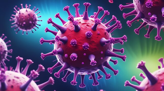 Microscopic view of a virus structure with vibrant purple spikes and a glowing teal background, highlighting viral biology, pathogens, infectious diseases, microbiology, and the intricacies of cellula