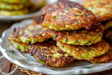 Golden brown zucchini fritters, stacked high on a decorative plate, offer a taste of rustic comfort food