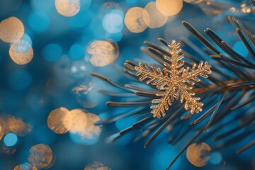A gold snowflake ornament on a pine branch against a bokeh background of blue and gold lights