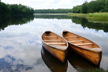 Obraz premium Two wooden canoes resting on a calm lake surrounded by lush forest and serene nature : Generative AI