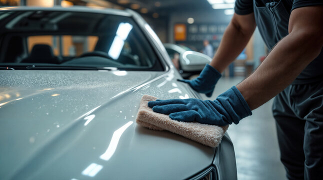 Professionelle Autoaufbereitung in einem Fachbetrieb: Nahaufnahme der Reinigung und Lackaufbereitung  von einem Auto mit gl&auml;nzender, wei&szlig;er Lackierung 	