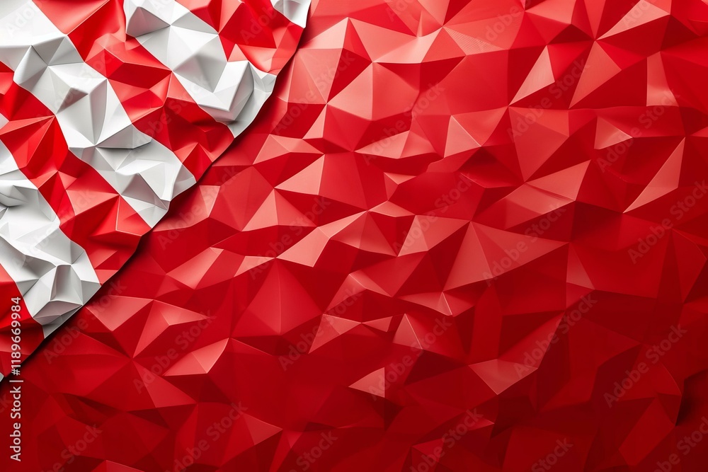 Poster red and white stripes with low poly triangular facets creating an abstract background