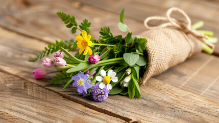 rustic burlap wrapped bouquet of assorted spring flowers on wood