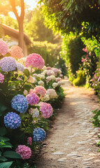 Fototapeta premium Hydrangeas Garden Path: A Serene Summer Stroll