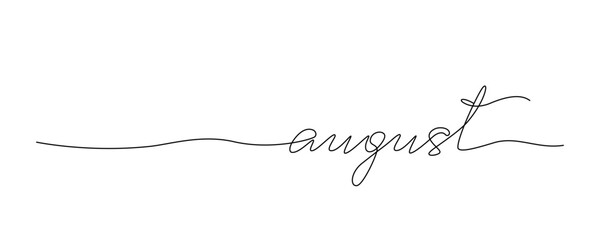 Lettering August drawn with continuous line in minimalism, abstract style, handwritten inscription, calendar, name of month, summer, planner, word, letters, one line, editable vector contour