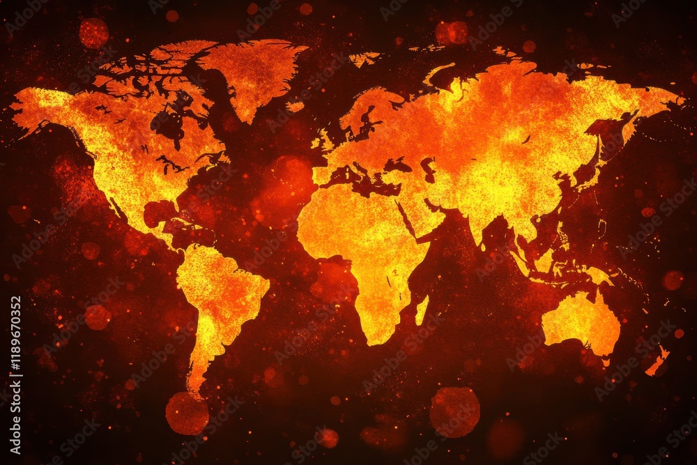 Poster world map highlighting epidemic outbreak zones with red and orange tones indicating severity of regi