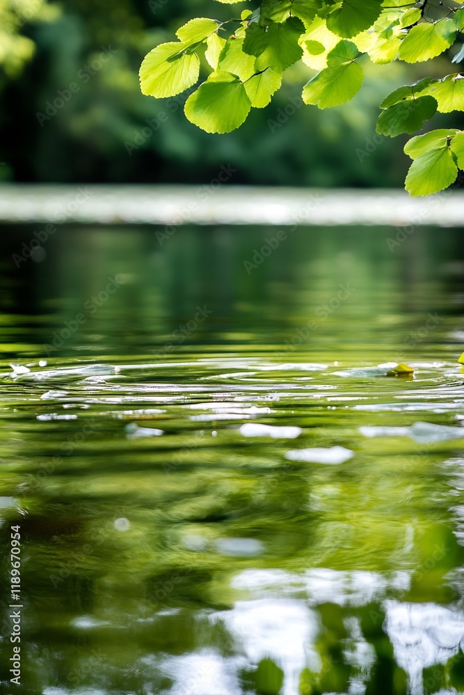 Poster serene pond reflecting lush greenery and gentle ripples in summer : generative ai