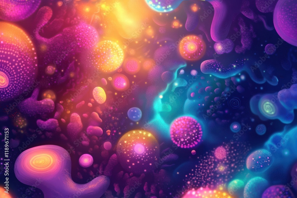 Poster illustration showcasing diverse microscopic microbes in vibrant colors and unique shapes. generative