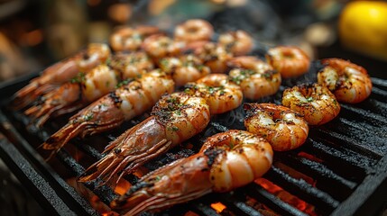 Grilled shrimp skewers on a barbecue grill, close-up view.
