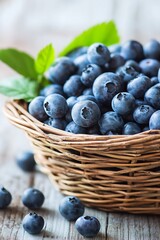 Rustic Basket Filled with Freshly Harvested Ripe Blueberries : Generative AI