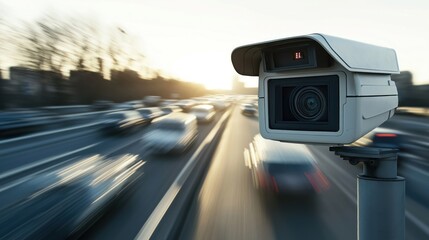 Speed camera monitors highway traffic. Cars move fast on expressway. Urban road. Modern traffic monitoring system. Safe driving. Ring road technology. Traffic enforcement. Improved compliance. Modern