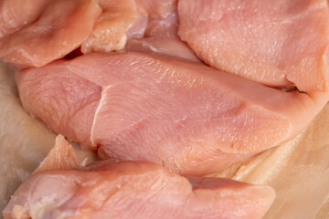 a lot of a piece of fresh chicken meat in close  up lies on paper