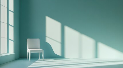 Single White Chair in Sunlit Teal Room - Minimalist Interior Design