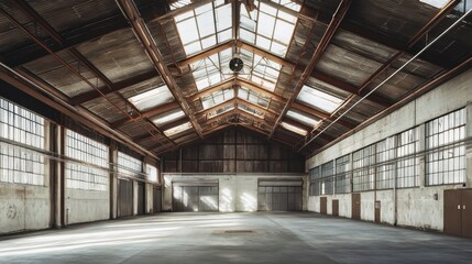 Empty Industrial Warehouse Interior, Sunlit Spacious Factory Hall, Rusty Beams, Vintage.