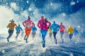 A group of runners race through a snowy landscape