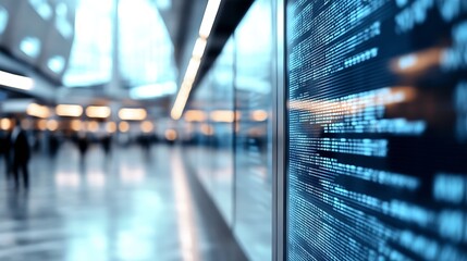 Blurred digital display with binary code overlay in a busy modern office : Generative AI