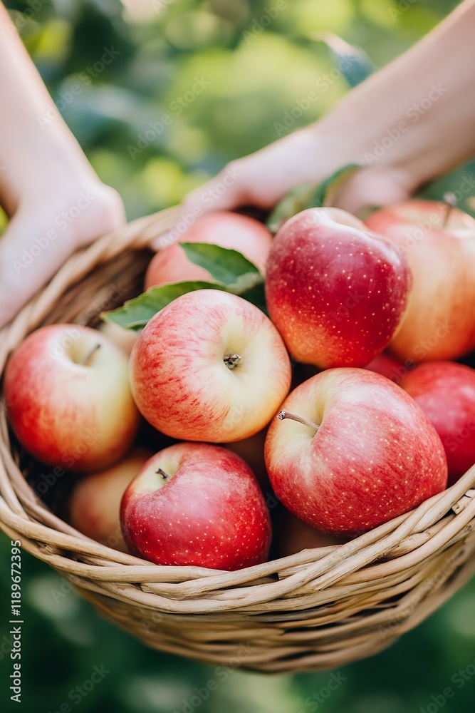 Aufkleber freshly picked red and green apples in a rustic wicker basket with lush greenery background : genera