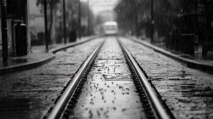 Rainy Day Tram Tracks, Cityscape, Black and White - Melancholy Mood