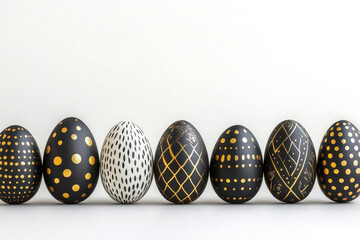 A row of Easter eggs painted in black and gold with a geometric pattern on a white background in a minimalist style.