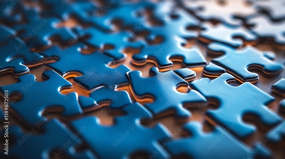Aufkleber Blue Jigsaw Puzzle Pieces Interlocked on Flat Surface Symbolizing Connection and Complexity : Generative AI