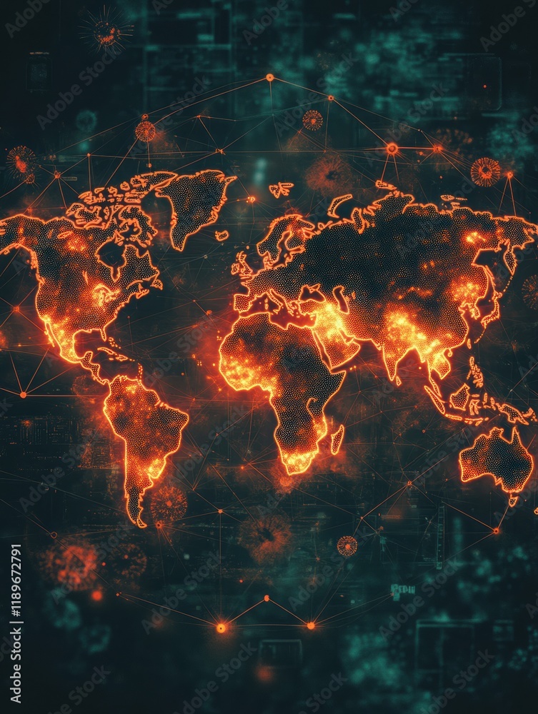 Poster world map highlighting zones of epidemic outbreaks and disease spread across different regions. gene