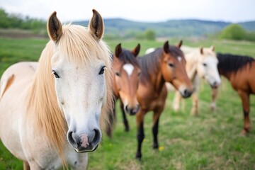 Group of Horses Grazing on Green Pasture in Countryside Farming Area : Generative AI