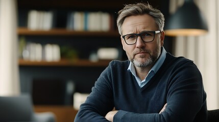 Contemplative Middle Aged Man with Glasses Sitting in Modern Library Interior : Generative AI