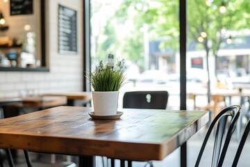 Cozy cafe interior with natural lighting and potted plant decor near street view : Generative AI