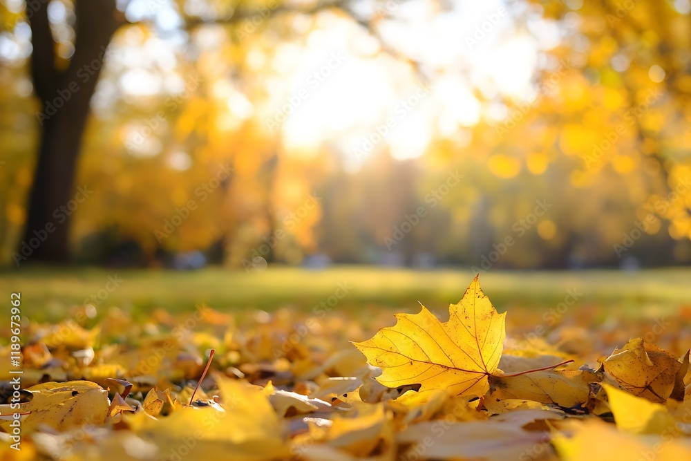 Poster golden autumn leaf in focus on a forest floor with sunlit background : generative ai