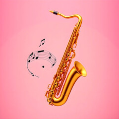 Naklejka premium Gold saxophone and music notes on a pink background, creating a vibrant and artistic atmosphere