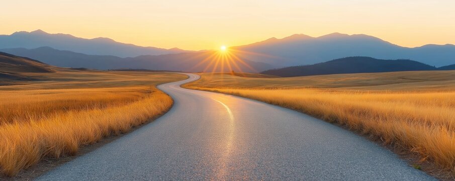 Stunning sunset view over winding road surrounded by golden fields, majestic mountains. Golden fields, mountains form beautiful background. Road curves beautifully through scenery. Inspiring