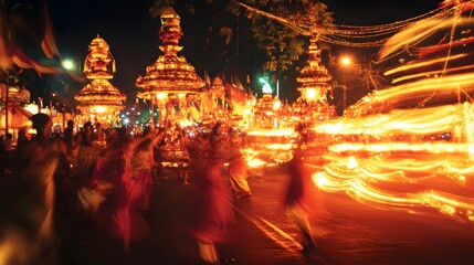 Obraz premium Night procession with glowing floats, dancing crowd, festival