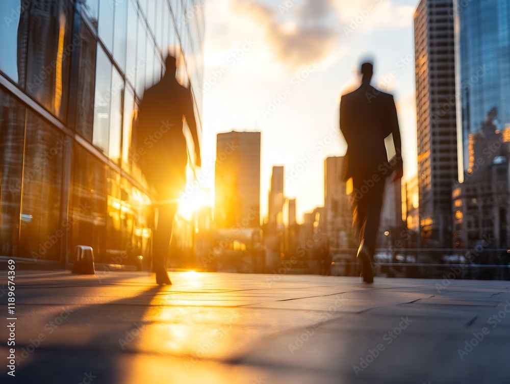 Poster dynamic business image of professionals walking in a city at sunset : generative ai