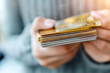 Closeup of Hands Holding Stack of Various Credit Cards for Financial Shopping Concept : Generative AI