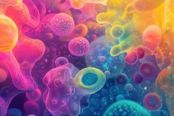 Colorful illustration of diverse microscopic microbes displaying various shapes, textures, and vibrant colors. Generative AI