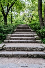 Serene Stone Stairway in Lush Green Park Leading to Scenic Forest Area : Generative AI