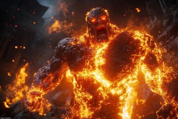 Naklejka premium A berserker devoid of fear launches a potent assault, brandishing a huge weapon amidst a chaotic battlefield, radiating strength and resolute intent in a mythical epic moment.