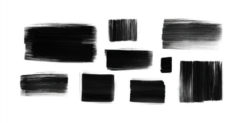 Abstract artistic black paint strokes create collection of square, rectangular shapes on white background. Hand-drawn design elements offer graphic resource for various creative projects. Modern