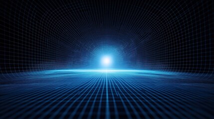 Obraz premium Futuristic digital tech background shows symmetrical blue radial lighting effect. Grid perspective pattern creates abstract design. Glowing lines, squares form dynamic illustration. Bright light