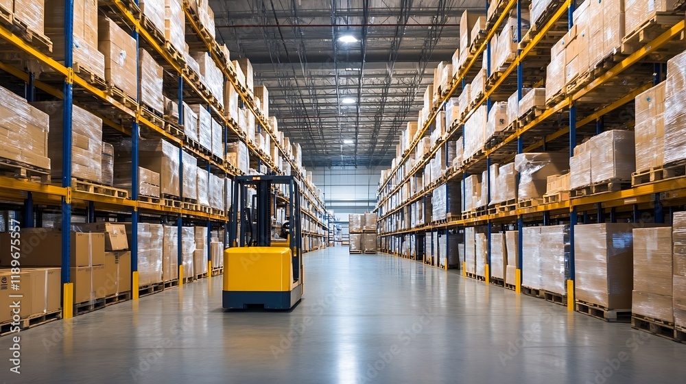 Aufkleber spacious warehouse with rows of stacked shelves and forklift : generative ai