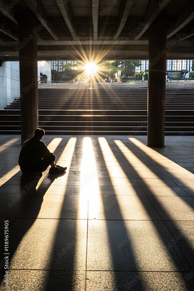 Poster Contemplative Person in Shadowy Urban Space with Sunlight Streaming Through Architecture : Generative AI